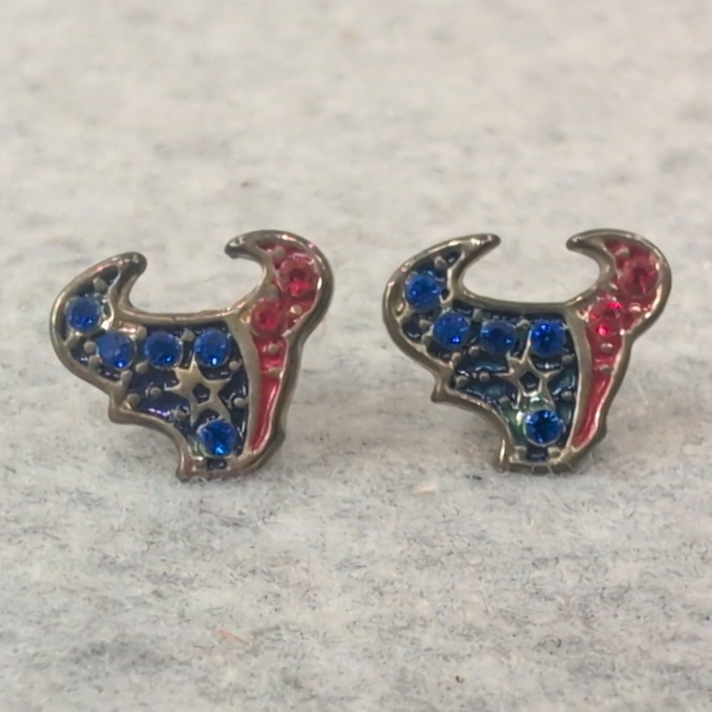 Houston Texans Logo Stud Earrings Blue Red Rhinestone NFL Football - Picture 1 of 3